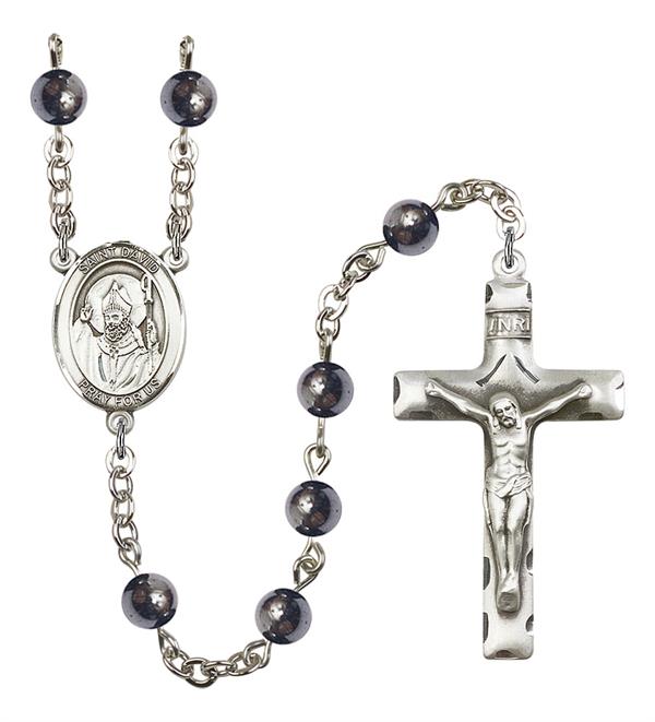St. David Rosary, 6mm Hematite Beads, Silver Plate, # 10811