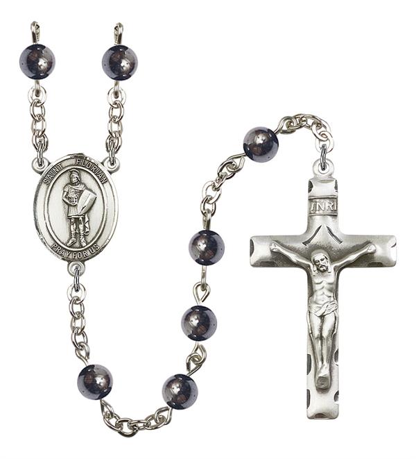 St. Florian Rosary, 6mm Hematite Beads, Silver Plate, # 10818