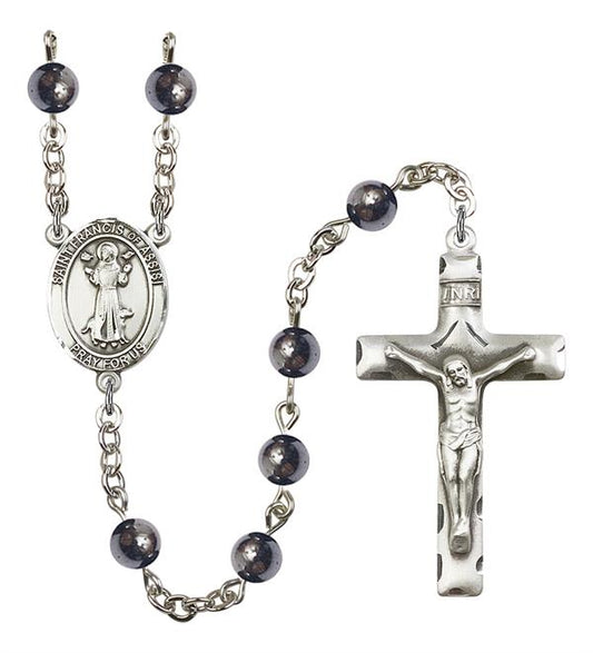St. Francis of Assisi Rosary, 6mm Hematite Beads, Silver Plate, # 10820