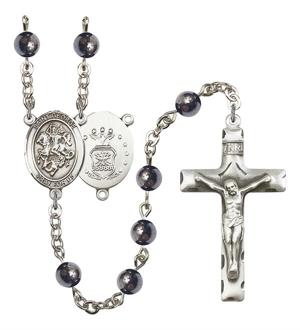 St. George U.S. Air Force Rosary, 6mm Hematite Beads, Silver Plate, # 10826