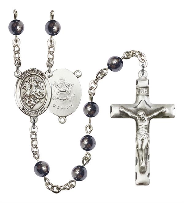 St. George U.S. Army Rosary, 6mm Hematite Beads, Silver Plate, # 10827
