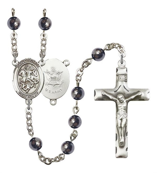 St. George U.S. Army Rosary, 6mm Hematite Beads, Silver Plate, # 10827