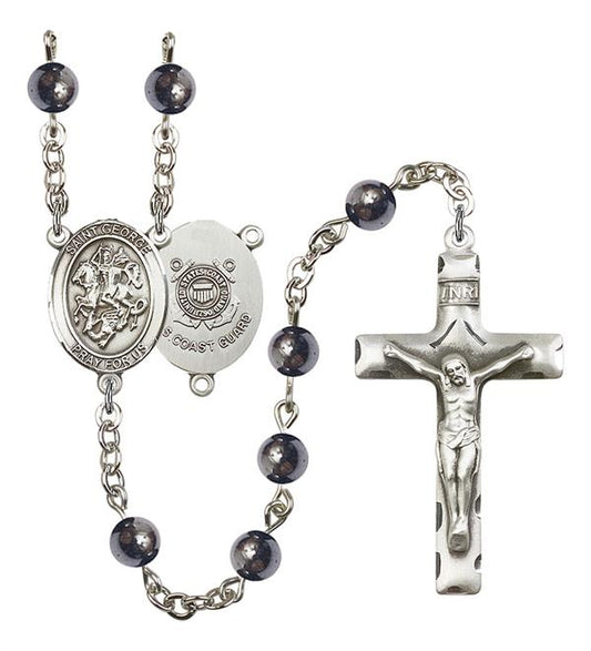 St. George U.S. Coast Guard Rosary, 6mm Hematite Beads, Silver Plate, # 10828