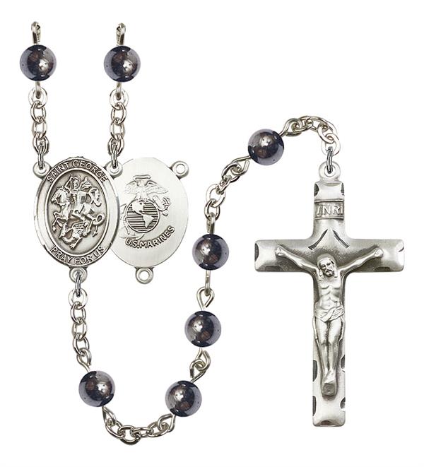 St. George U.S. Marines Rosary, 6mm Hematite Beads, Silver Plate, # 10829
