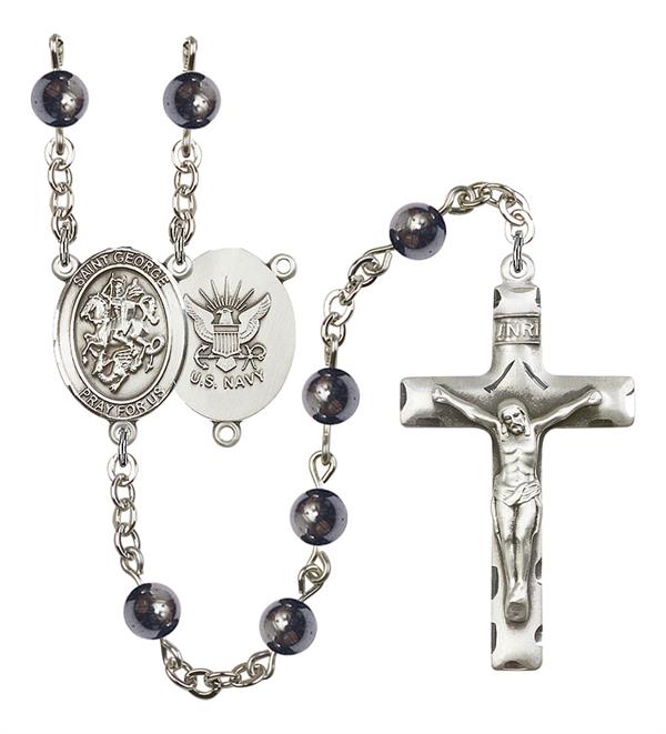 St. George U.S. Navy Rosary, 6mm Hematite Beads, Silver Plate, # 10832