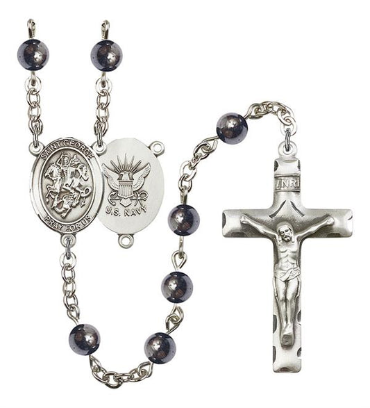 St. George U.S. Navy Rosary, 6mm Hematite Beads, Silver Plate, # 10832