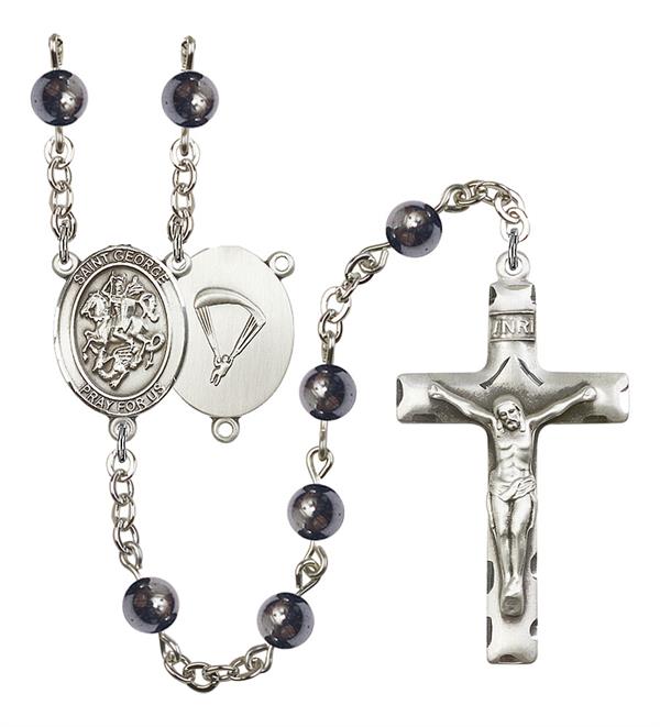 St. George Paratrooper Skydiver Rosary, 6mm Hematite Beads, Silver Plate, # 10833