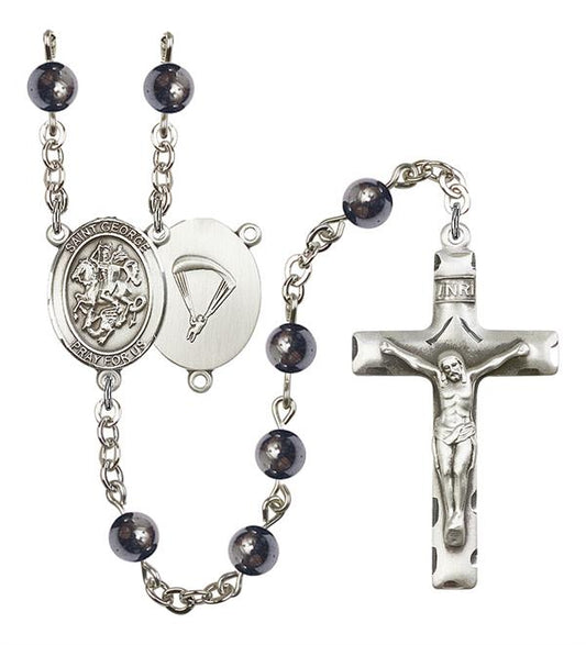 St. George Paratrooper Skydiver Rosary, 6mm Hematite Beads, Silver Plate, # 10833