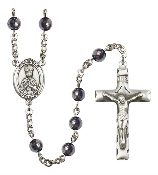 St. Henry Rosary, 6mm Hematite Beads, Silver Plate, # 10841