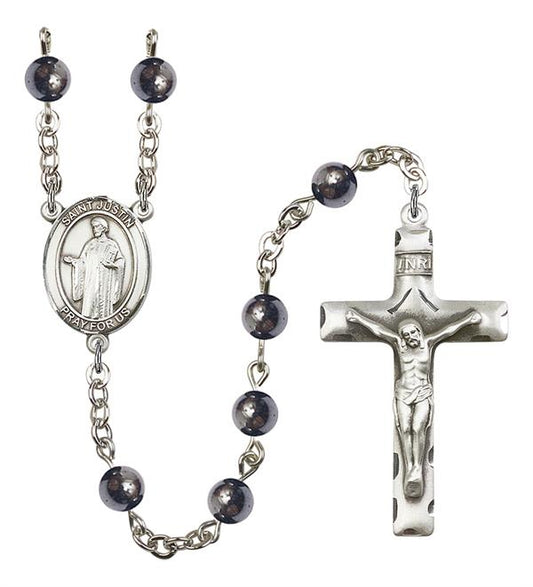 St. Justin Rosary, 6mm Hematite Beads, Silver Plate, # 10847
