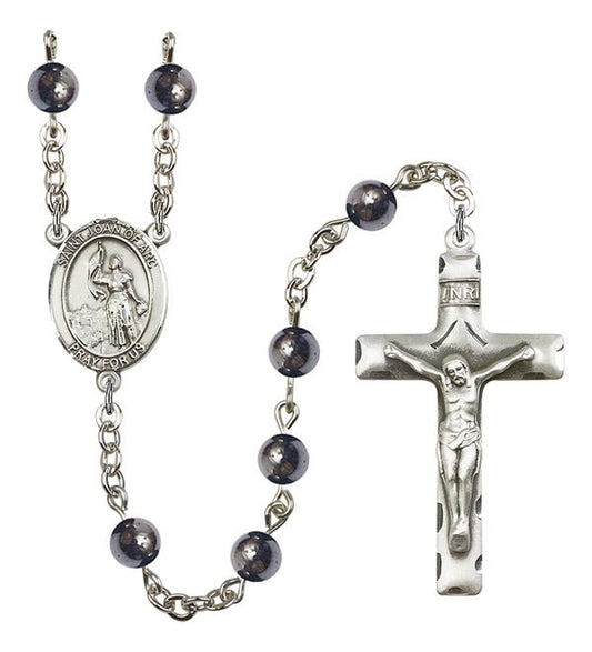 St. Joan of Arc Rosary, 6mm Hematite Beads, Silver Plate, # 10848