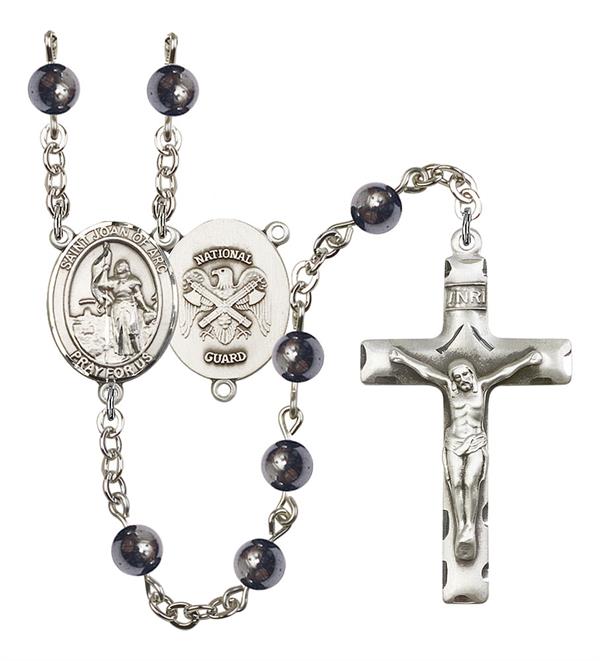 St. Joan of Arc National Guard Rosary, 6mm Hematite Beads, Silver Plate, # 10850