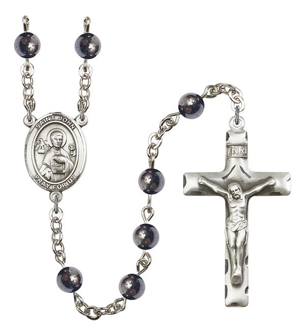 St. John the Apostle Rosary, 6mm Hematite Beads, Silver Plate, # 10853