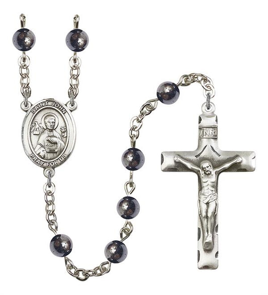 St. John the Apostle Rosary, 6mm Hematite Beads, Silver Plate, # 10853