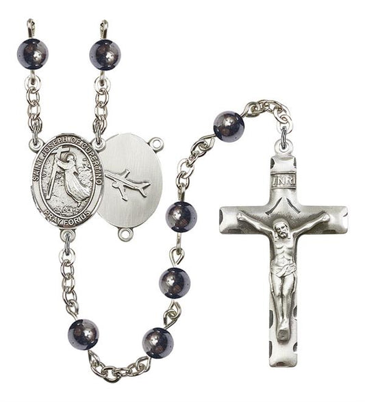 St. Joseph of Cupertino Rosary, 6mm Hematite Beads, Silver Plate, # 10854
