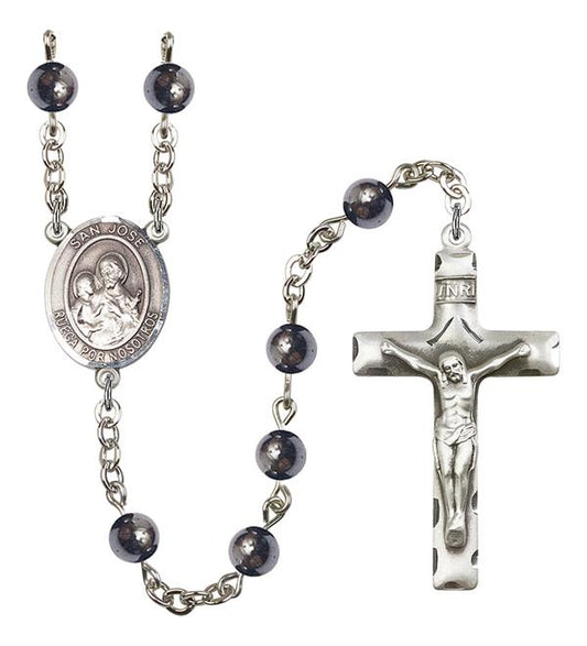 San Jose Rosary, 6mm Hematite Beads, Silver Plate, # 10856