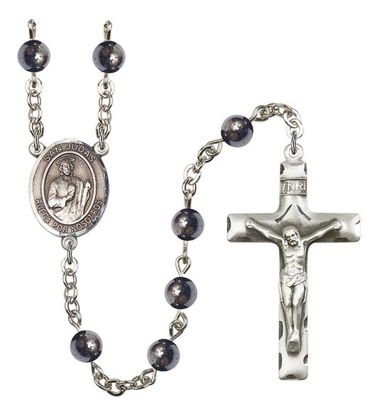 San Judas Spanish Rosary, 6mm Hematite Beads, Silver Plate, # 10859
