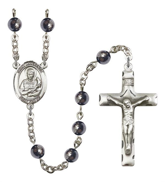 St. Lawrence Rosary, 6mm Hematite Beads, Silver Plate, # 10862