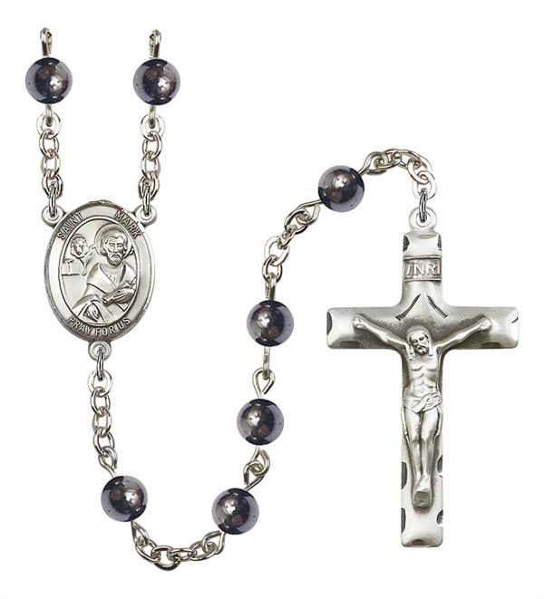 St. Mark Rosary, 6mm Hematite Beads, Silver Plate, # 10870