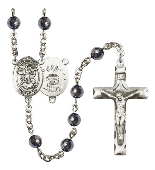 St. Michael U.S. Air Force Rosary, 6mm Hematite Beads, Silver Plate, # 10877