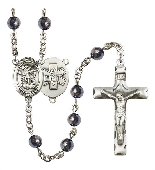 St. Michael EMT Rosary, 6mm Hematite Beads, Silver Plate, # 10886