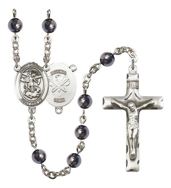 St. Michael National Guard Rosary, 6mm Hematite Beads, Silver Plate, # 10883