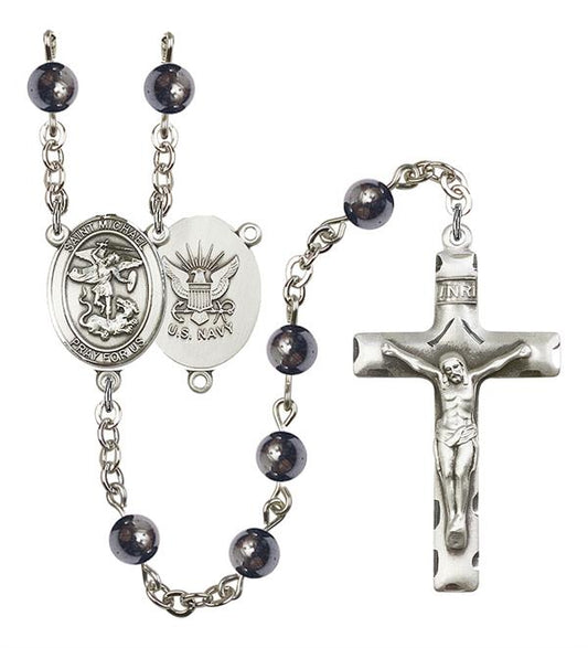 St. Michael U.S. Navy Rosary, 6mm Hematite Beads, Silver Plate, # 10884