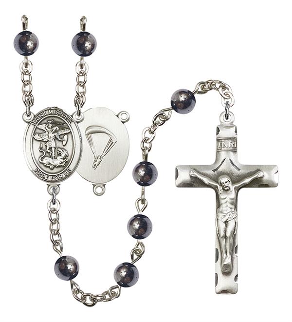 St. Michael Paratrooper Skydiver Rosary, 6mm Hematite Beads, Silver Plate, # 10885