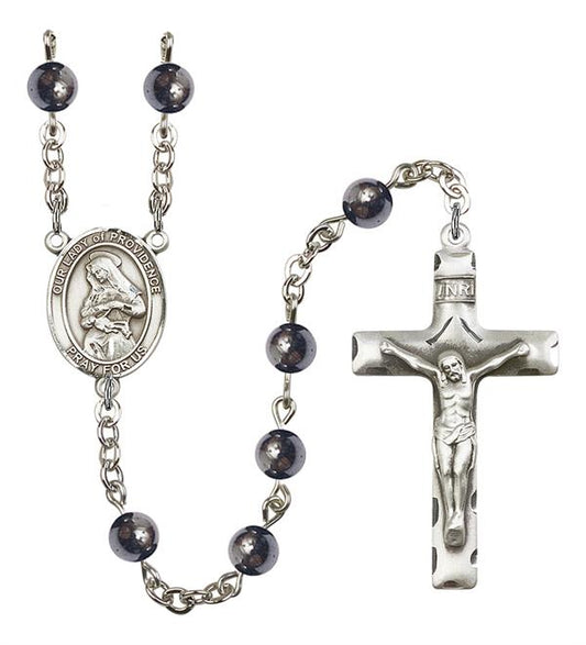 Our Lady of Providence Rosary, 6mm Hematite Beads, Silver Plate, # 10900