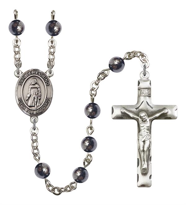 San Peregrino Spanish Rosary, 6mm Hematite Beads, Silver Plate, # 10904