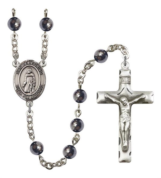 San Peregrino Spanish Rosary, 6mm Hematite Beads, Silver Plate, # 10904