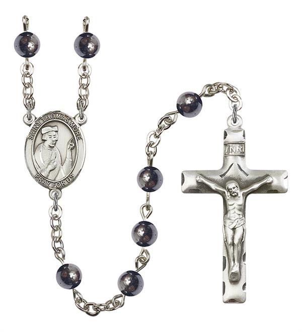 St. Thomas More Rosary, 6mm Hematite Beads, Silver Plate, # 10927