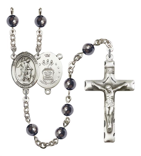Guardian Angel U.S. Air Force Rosary, 6mm Hematite Beads, Silver Plate, # 10938