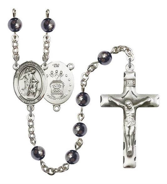 Guardian Angel U.S. Air Force Rosary, 6mm Hematite Beads, Silver Plate, # 10938