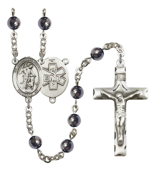 Guardian Angel EMT Rosary, 6mm Hematite Beads, Silver Plate, # 10945