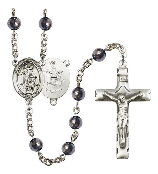Guardian Angel U.S. Army Rosary, 6mm Hematite Beads, Silver Plate, # 10939