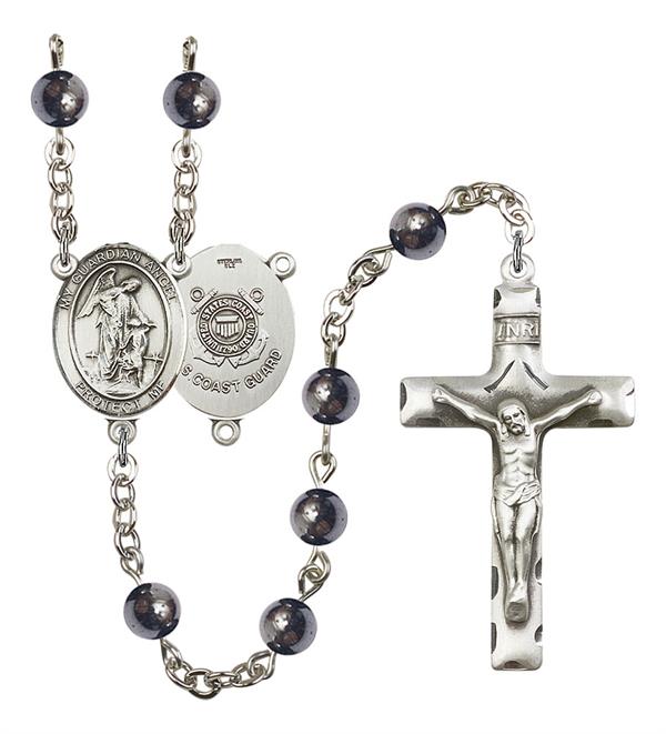 Guardian Angel U.S. Coast Guard Rosary, 6mm Hematite Beads, Silver Plate, # 10940