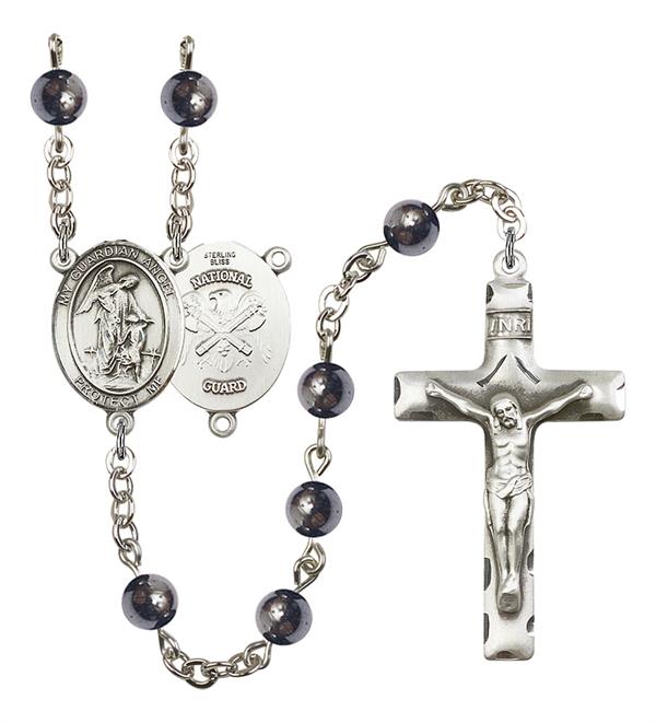 Guardian Angel National Guard Rosary, 6mm Hematite Beads, Silver Plate, # 10942