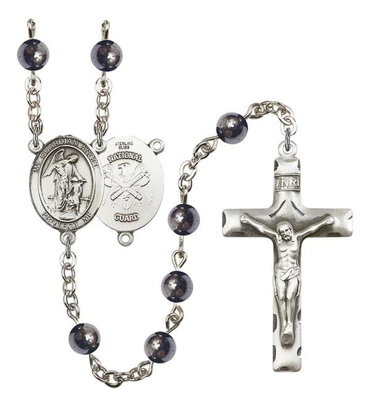 Guardian Angel National Guard Rosary, 6mm Hematite Beads, Silver Plate, # 10942