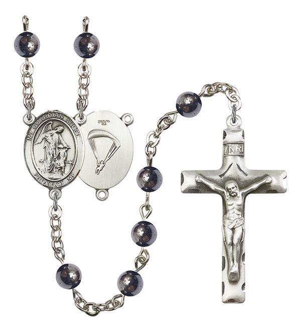 Guardian Angel Paratrooper Skydiver Rosary, 6mm Hematite Beads, Silver Plate, # 10944