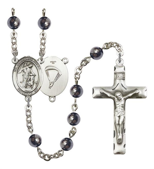 Guardian Angel Paratrooper Skydiver Rosary, 6mm Hematite Beads, Silver Plate, # 10944