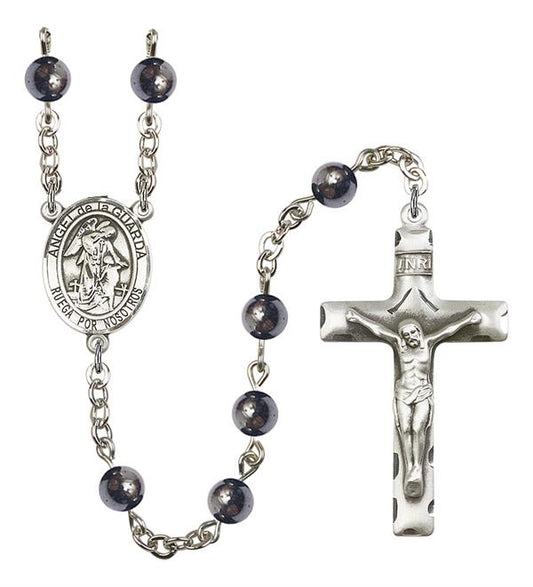 Angel de la Guarda Spanish Rosary, 6mm Hematite Beads, Silver Plate, # 10946