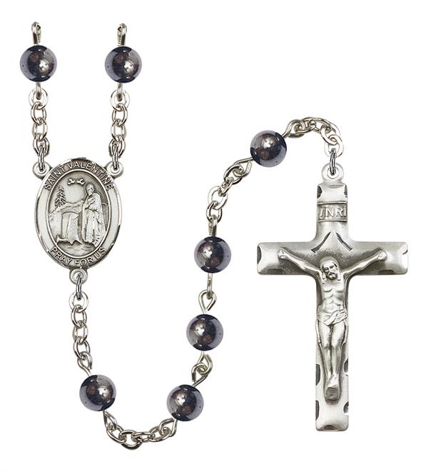 St. Valentine Rosary, 6mm Hematite Beads, Silver Plate, # 10950
