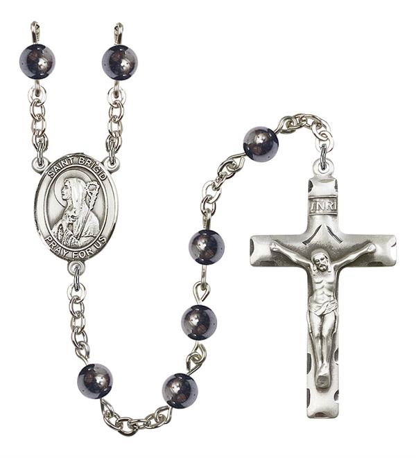 St. Brigid Rosary, 6mm Hematite Beads, Silver Plate, # 10952
