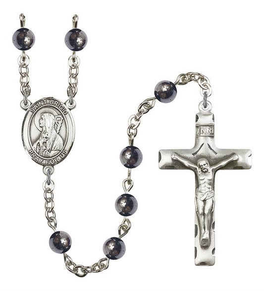 St. Brigid Rosary, 6mm Hematite Beads, Silver Plate, # 10952