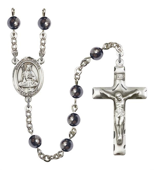 St. Walburga Rosary, 6mm Hematite Beads, Silver Plate, # 10955