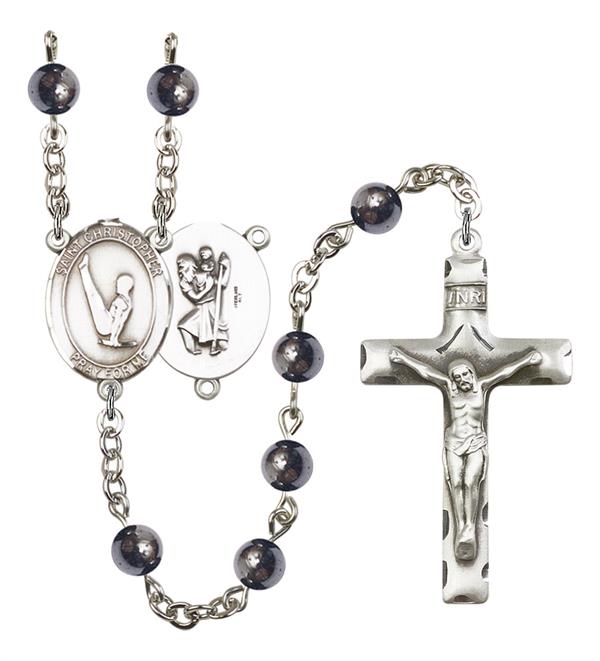 St. Christopher / Gymnastics Rosary, 6mm Hematite Beads, Silver Plate, # 11620