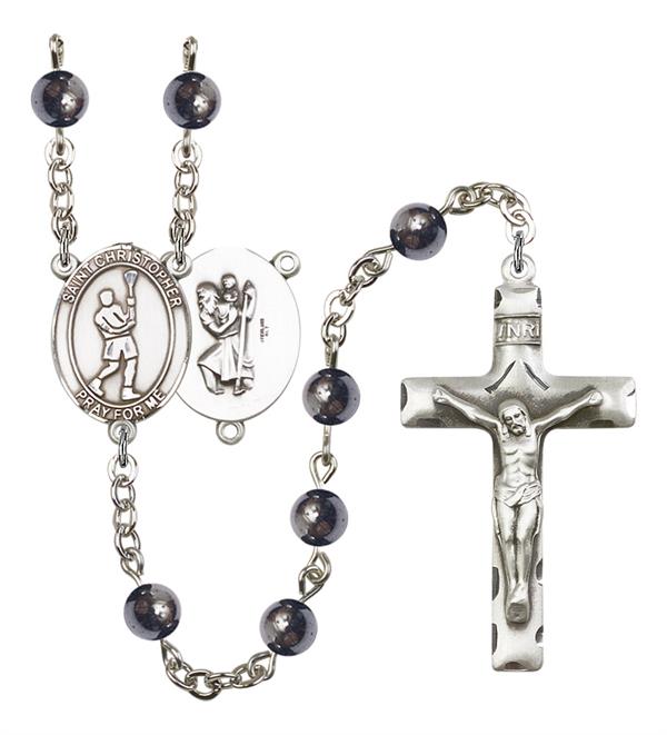 St. Christopher / Lacrosse Rosary, 6mm Hematite Beads, Silver Plate, # 11622