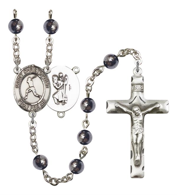 St. Christopher / Baseball Rosary, 6mm Hematite Beads, Silver Plate, # 11624