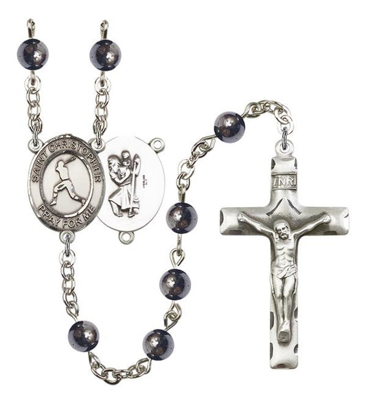 St. Christopher / Baseball Rosary, 6mm Hematite Beads, Silver Plate, # 11624